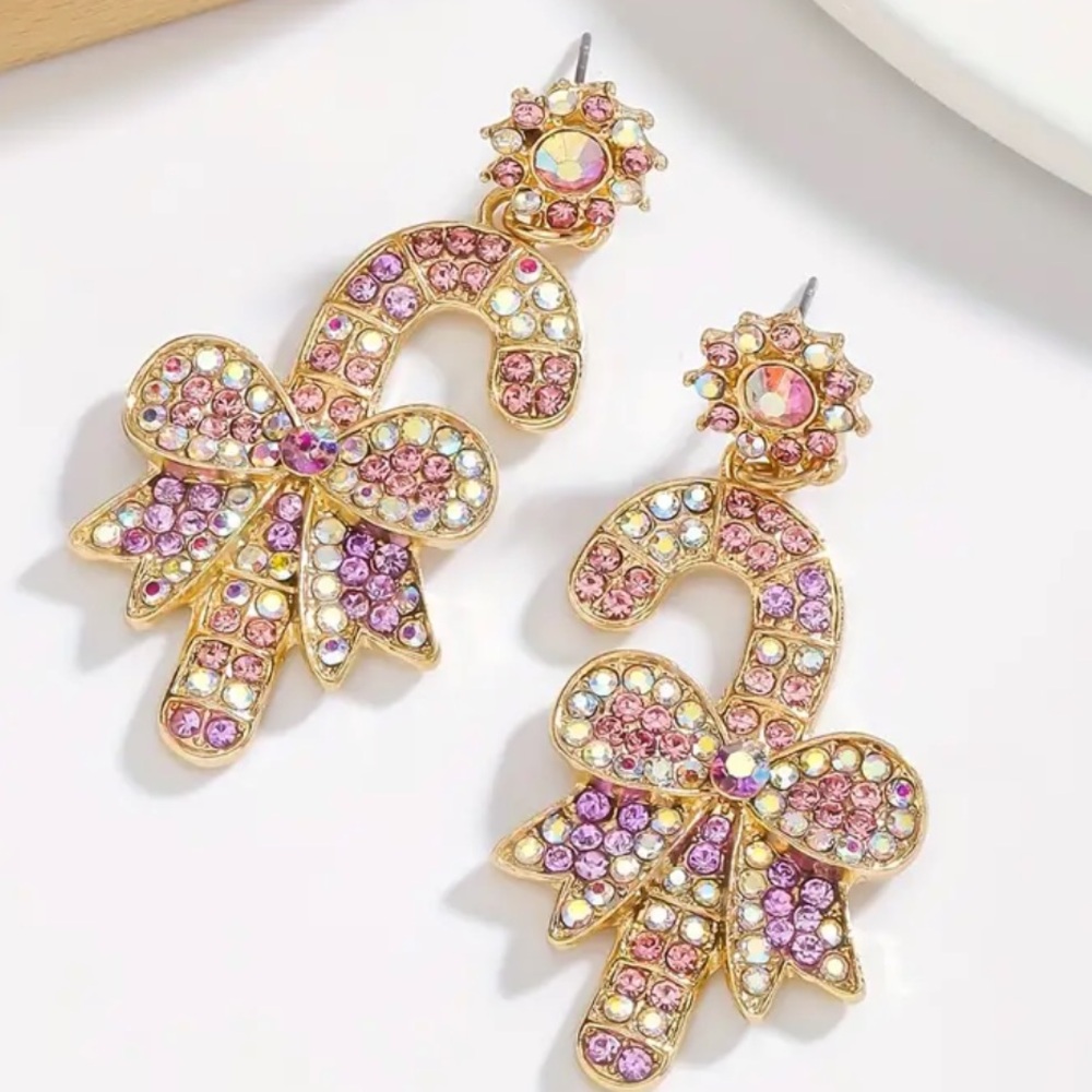 Pink Rhinestone Candy Cane Earrings, Christmas Earrings